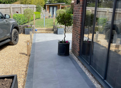 Patio and view down garden